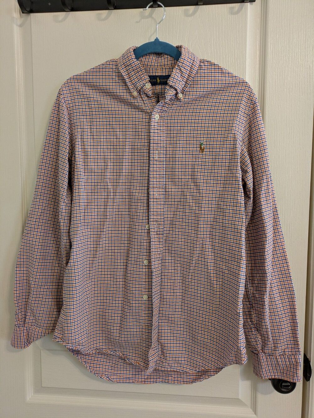 Ralph Lauren Mens Medium Blue Orange Check Button Down Shirt Long Sleeve PREPPY